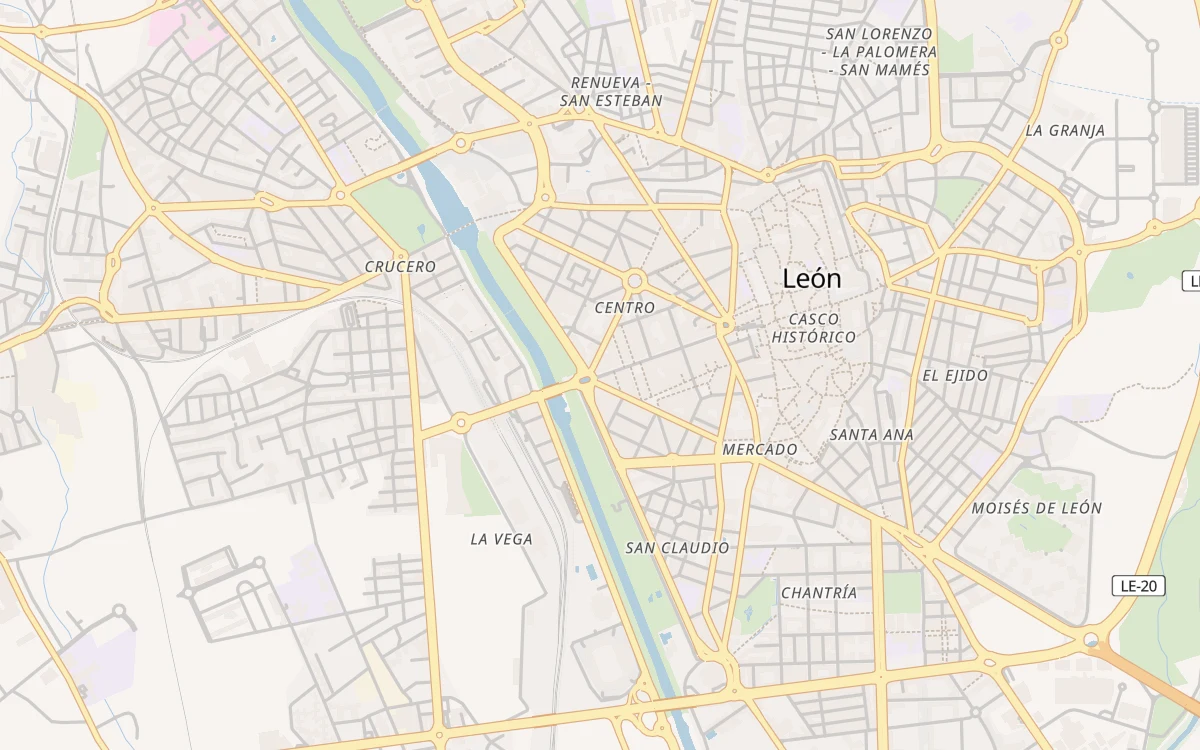 Mapa del centro de León con nuestras tiendas de El Crucero y Alcalde Miguel Castaño marcadas con una cuña de queso