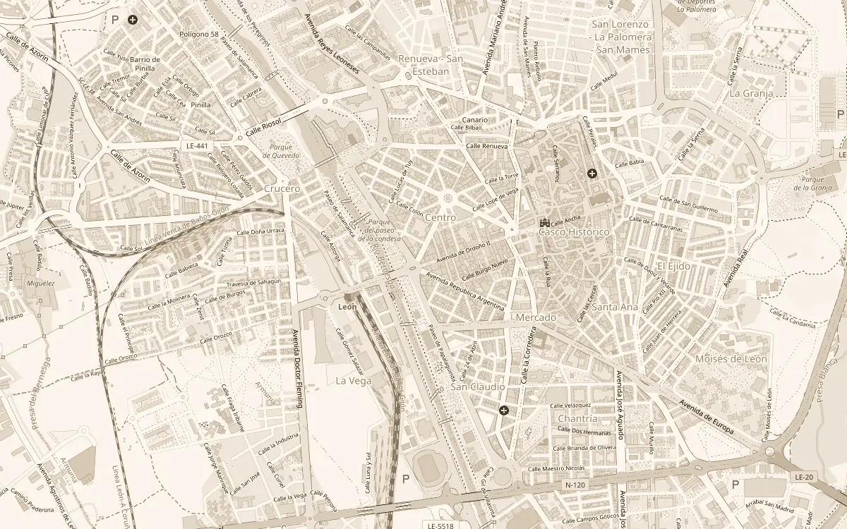 Mapa del centro de León con nuestras tiendas de El Crucero y Alcalde Miguel Castaño marcadas con una cuña de queso